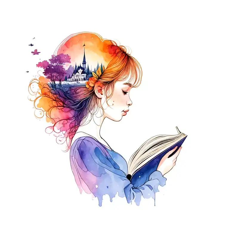 Girl Side-profile Reading Book But Instead Of Her Head It's A Surreal Image Of A Fantasy Land