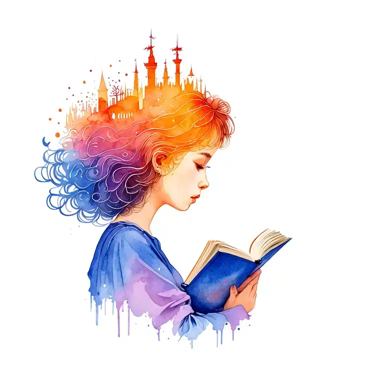 Girl Side-profile Reading Book But Instead Of Her Head It's A Surreal Image Of A Fantasy Land
