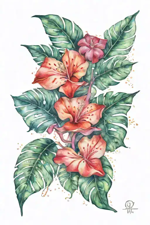 Monstera Leaves Mushrooms Flowers