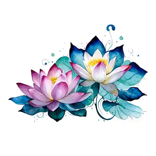 Lotus Flowers Seen From The Side And At An Angle And Arabesques Above And Below The Lotus