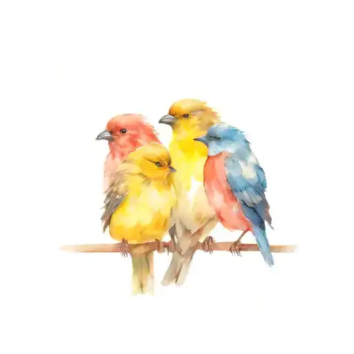 3 Little Birds Sitting Side By Side View Shot From Back