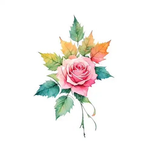 Rose Flowers Thin Long With Maple Leaf Intertwined