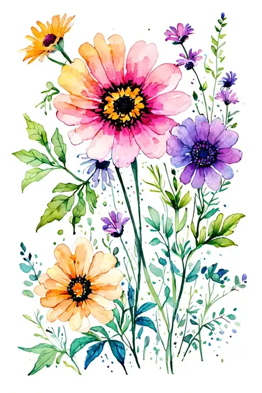 Drawing Of Meadow Flowers And Plants From Shoulder To Elbow In Watercolor Style