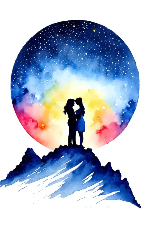 A Couple On A Mountain Top Underneath The Starry Sky