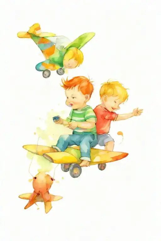 A Whimsical Watercolor Portrait Of Twin Boys Playing With Toy Planes