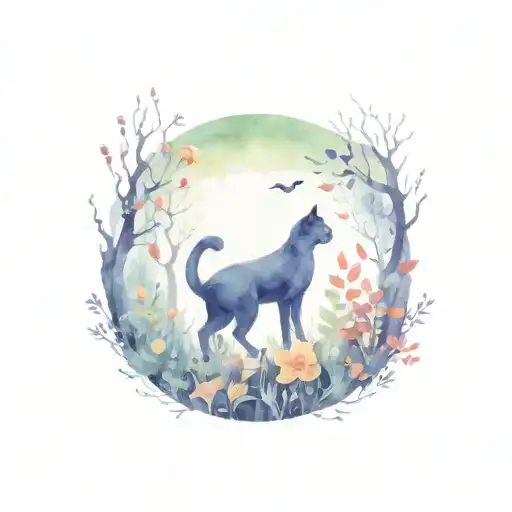 A Spooky Forest Scene With Cats Playing Among The Flowers