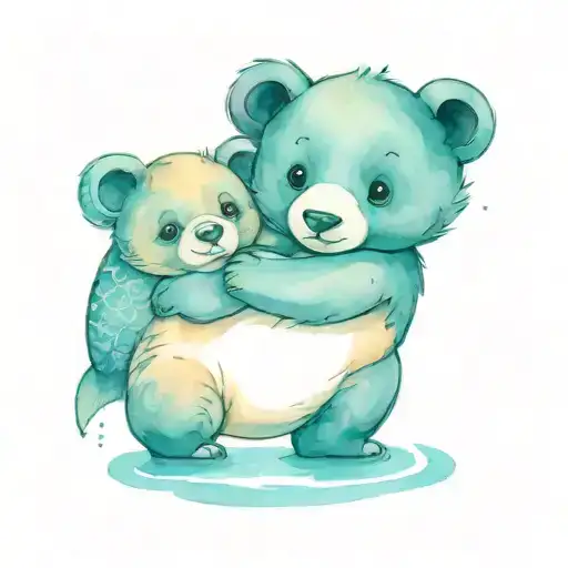 Happy Bear Cub Hugging A Fish