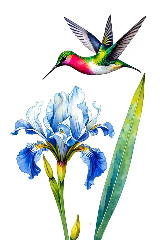 Blue And White Siberian Iris Flower With Hummingbird Hovering By Stalk