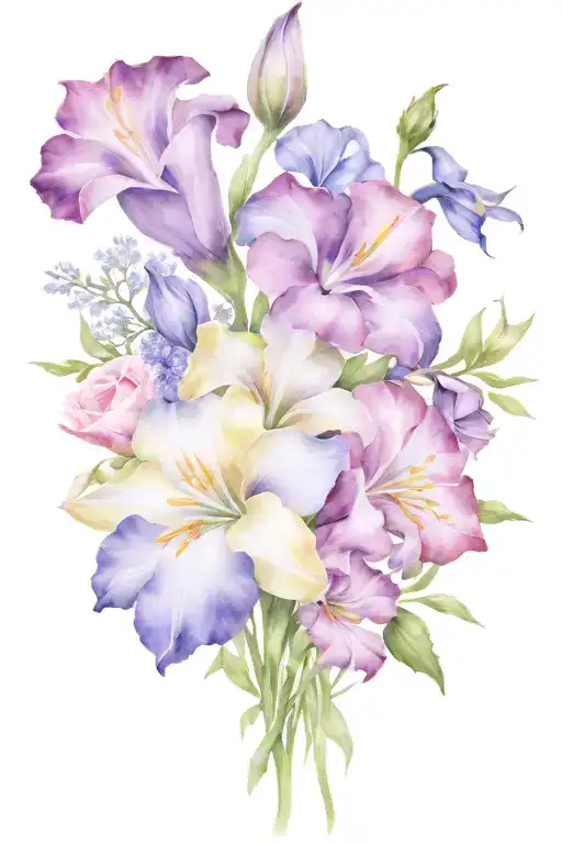 Violet Iris Primrose Rose Honeysuckle Aster Morning Glory Bouquet