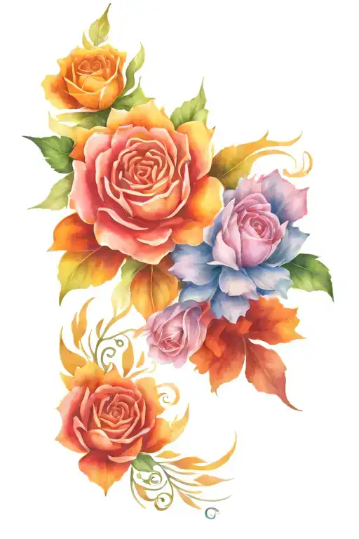 Marigolds And Roses And Ocean Waves Flowing Feathers