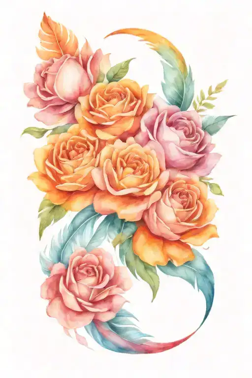 Marigolds And Roses And Ocean Waves Flowing Feathers