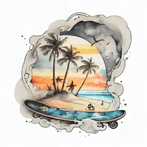 A Black-grey Tattoo Of A Beach Sunset With Skateboards Scattered In The Sand