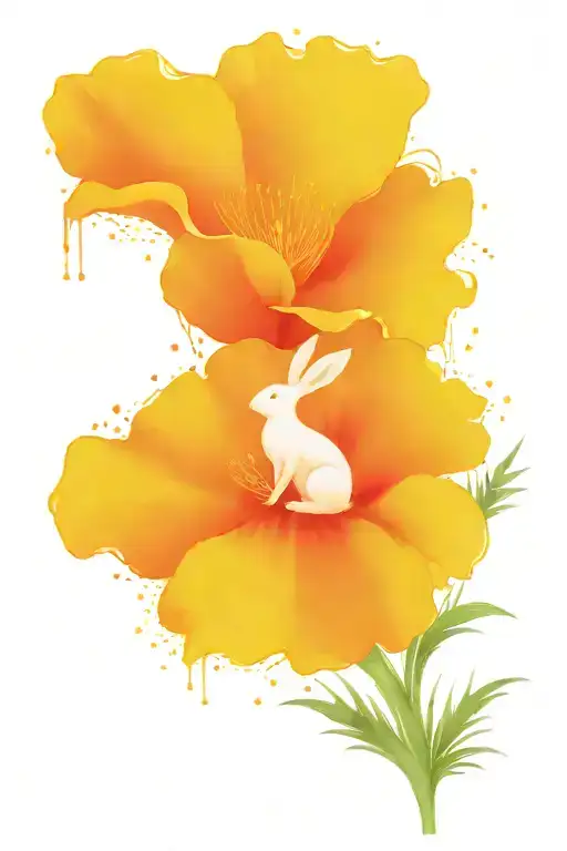 California Poppy Flower With Palm Trees And A Little Bunny