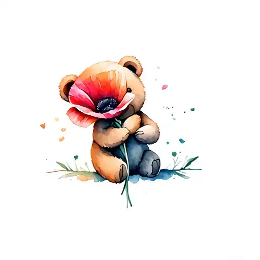 Teddy Bear Holding A Poppy Flower