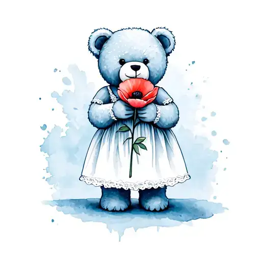Teddy Bear Holding A Poppy Flower With Dress Standing