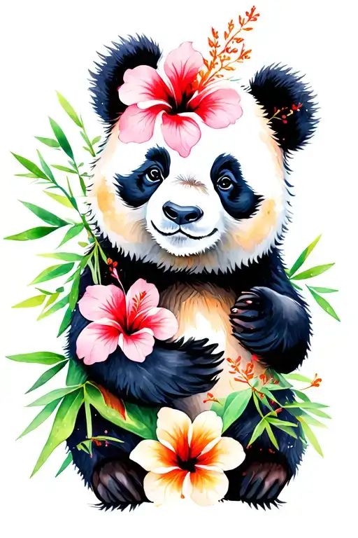 Panda Bear With Hibiscus Flowers And Bamboo
