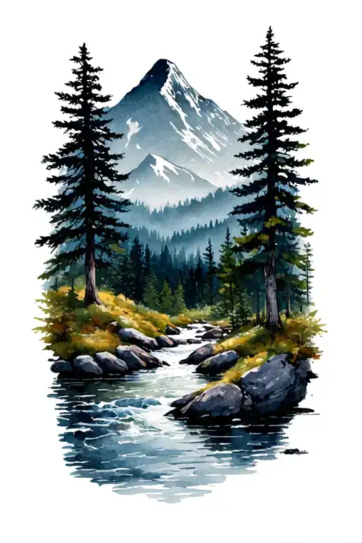 Forest With River Flowing And Mountain In Background