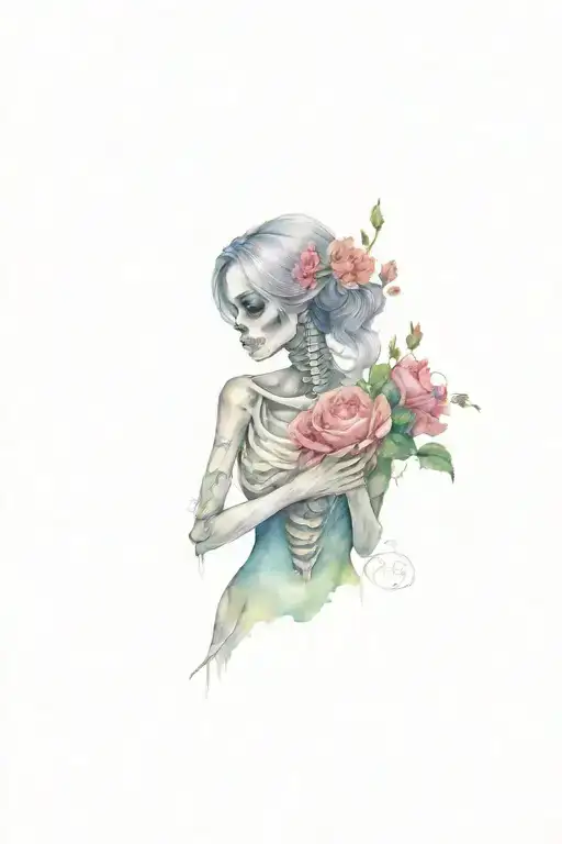 Skeleton Girl Holding Dead Flowers Growing