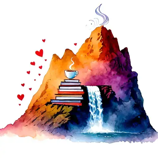 Mountain With A Waterfall Of Books That Is Steaming Out Of A Cup Of Coffee And Surrounded By Hearts