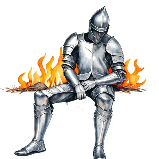 Tired Knight In Metal Uniform And Helmet Resting By The Wood Fire