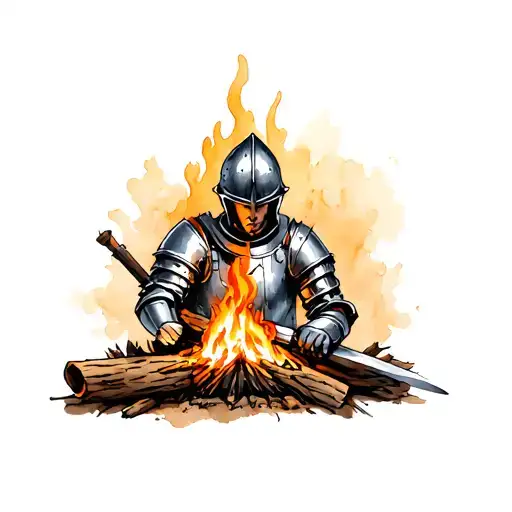 Tired Knight In Metal Uniform And Helmet Resting By The Wood Fire