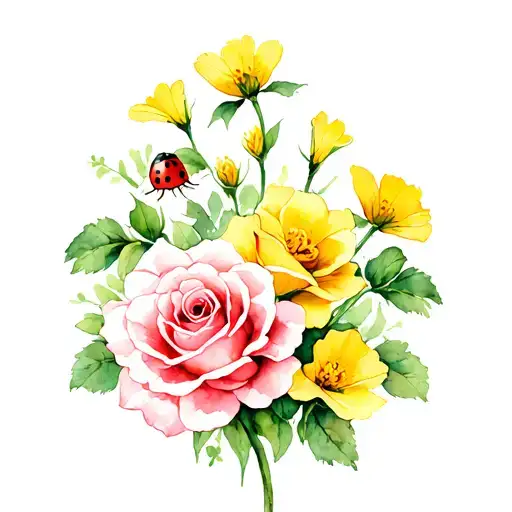 Roses And Buttercups With A Ladybug Sitting