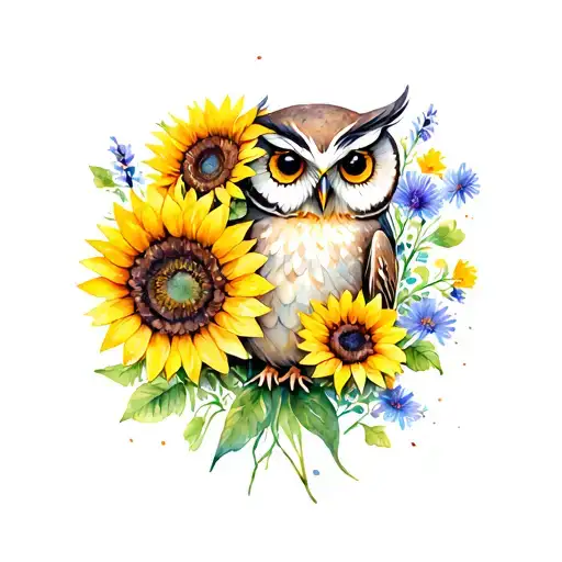 Owl Holding Sunflowers And Aster Flowers