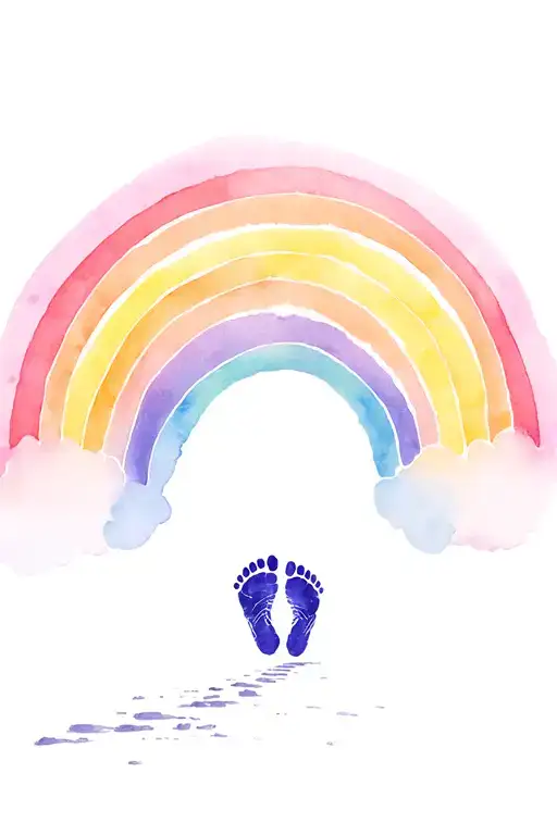 Image Of A Baby's Footprints Leading Away From A Dumpster Towards A Rainbow
