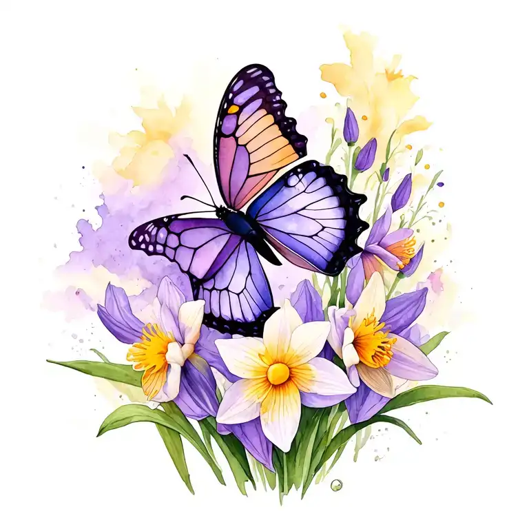 Butterfly With Purple Daffodils Growing