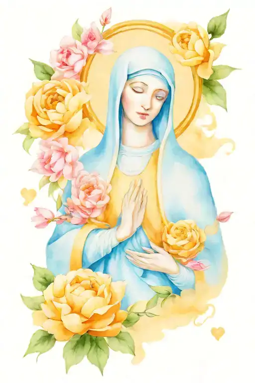 Mother Mary With Pink Peonies Around Her With Hearts