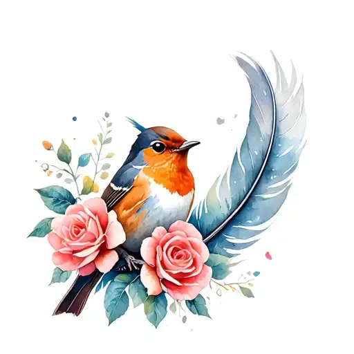 Robin Sitting On A Feather With Roses Blooming