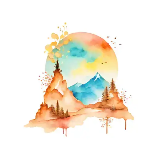 Sunset Mountain Asymmetric Watercolor Tattoo Design Featuring