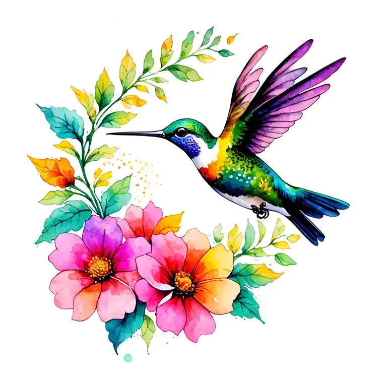 Colourful Hummingbird Flying With Flowers Intertwined