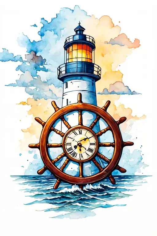 Lighthouse With Clock And Ships Wheel