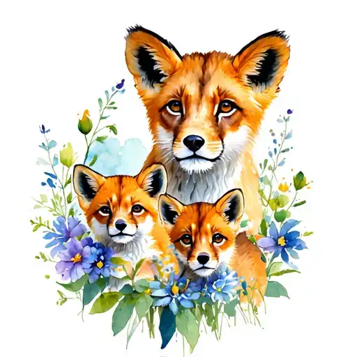Lioness Cub 2 Fox Cubs Surrounded By Flowers