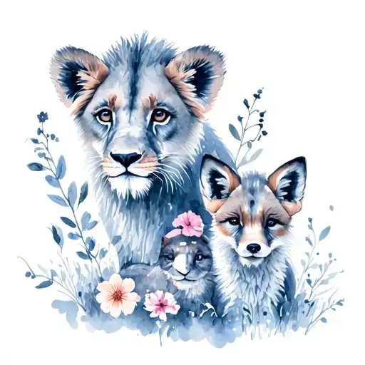 Lion Cub With 2 Fox Cubs With Flowers