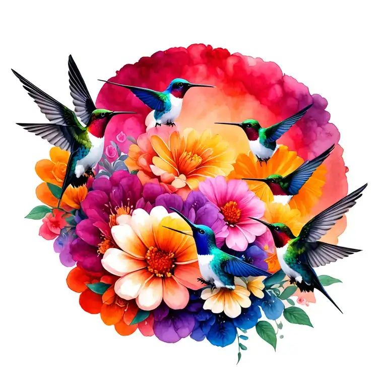 Multiple Hummingbirds Around A Multi Colored Flower Arrangement With A White Background