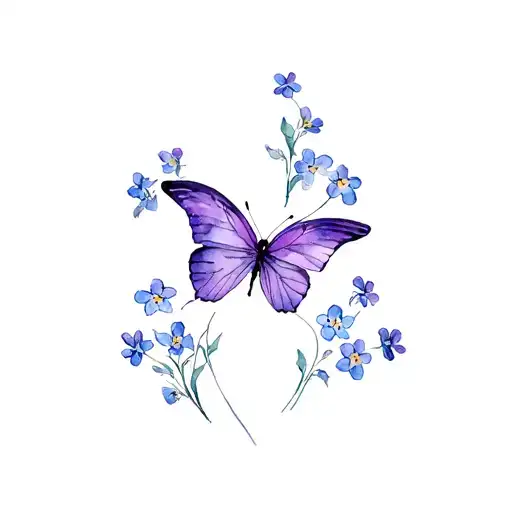 Fine Line Cross With Forget Me Nots Surrounding A Purple Butterfly