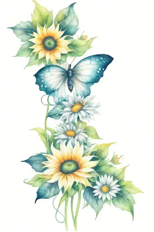 Butterfly Sunflower Intertwined With Daisies