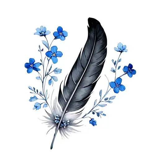 Black And White Feather With Blue Forget Me Nots Surrounding