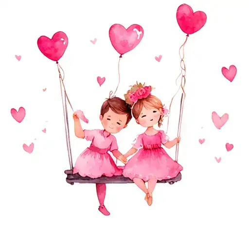 Baby Boy And Baby Girl On Swing With Love Heart Ballons