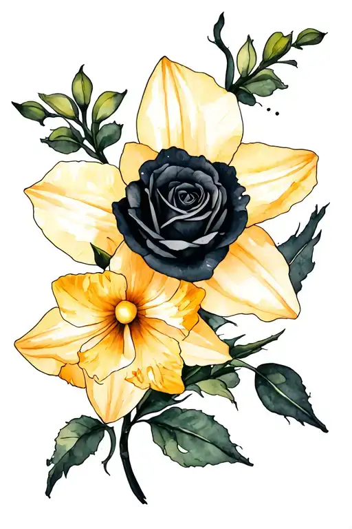 Daffodil And Black Rose Intertwined