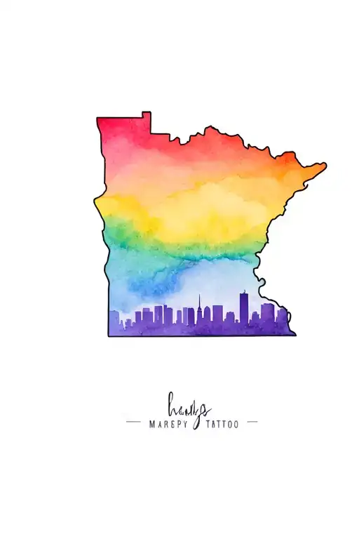 Outline Of State Of Mn In Rainbow With Minneapolis Skyline Across The Bottom