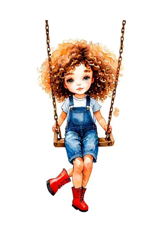 Curly Haired Little Girl With Red Boots And Blue Dungarees On A Swing