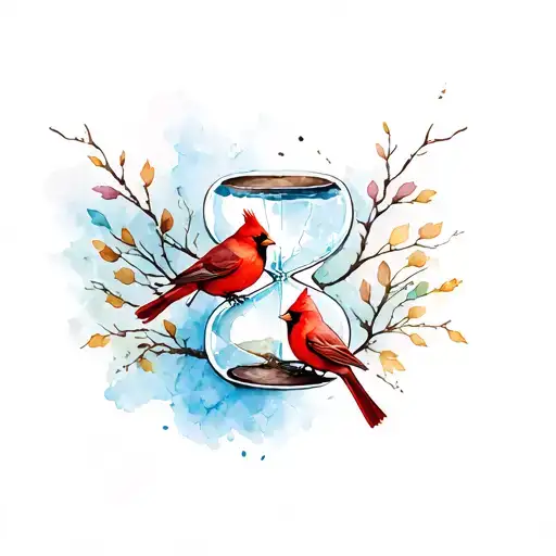 Broken Hour Glass And Cardinals Sitting