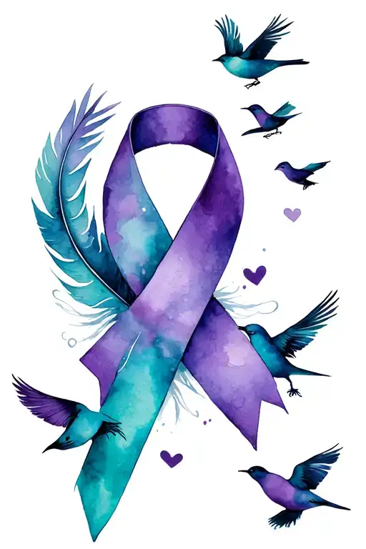 Purple And Teal Awarness Ribbon With Feather And 4 Birds