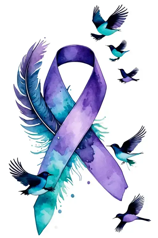 Purple And Teal Awarness Ribbon With Feather And Four Birds