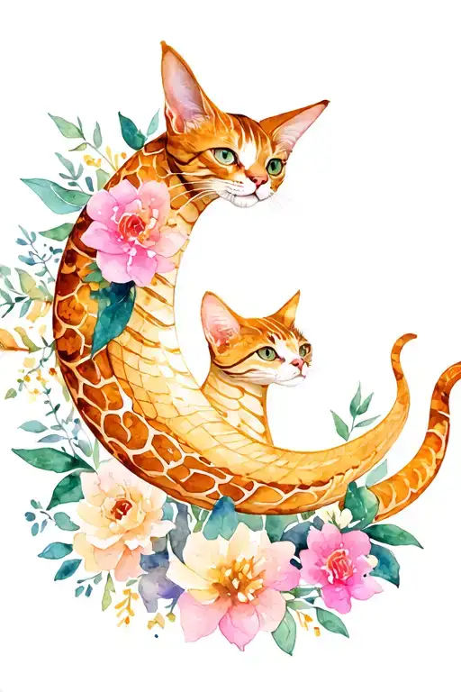 Crescent Moon Snake Cat And Flowers Intertwined