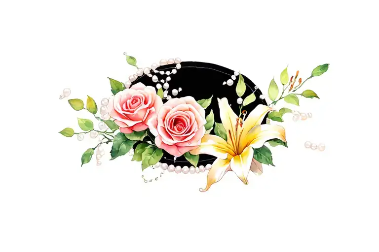 Roses And Lilys Surrounding Black Oval With Pearls
