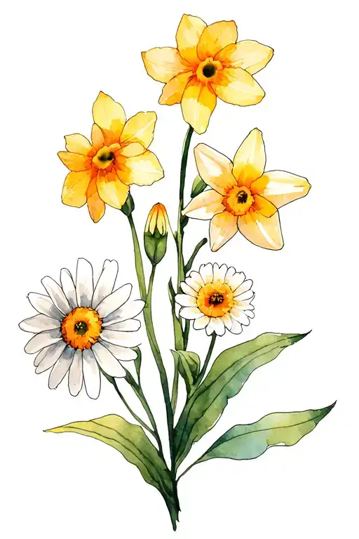 Marigold Daffodil And Daisy Watercolor Tattoo Design